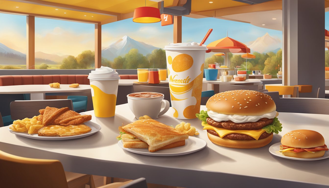 A vibrant McDonald's breakfast spread with iconic menu items evolving over the years, surrounded by a warm and inviting atmosphere