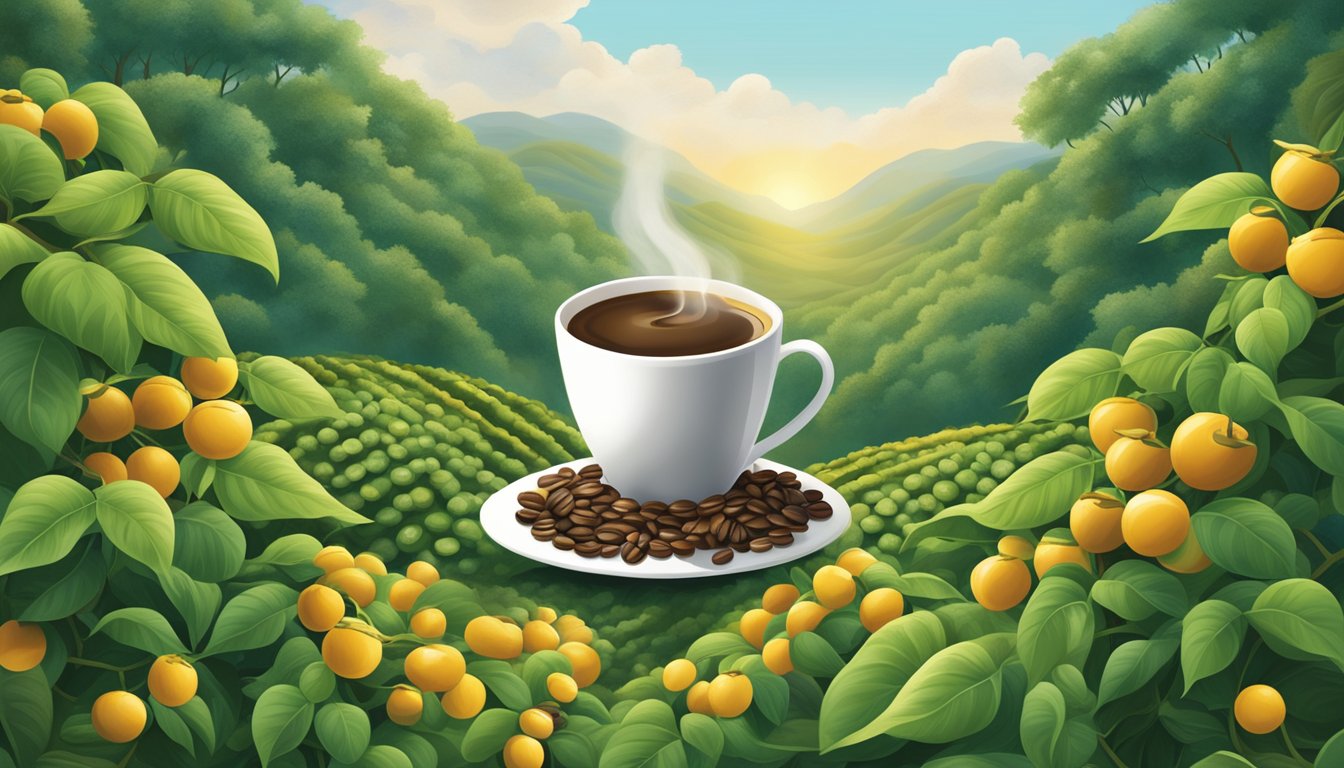 A steaming cup of McDonald's coffee surrounded by eight coffee beans of varying quality and size, with a background of coffee plants and a bright, inviting atmosphere