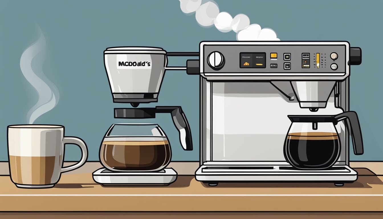 Steam rising from a freshly brewed pot of McDonald's coffee, surrounded by coffee beans and a sleek, modern coffee machine