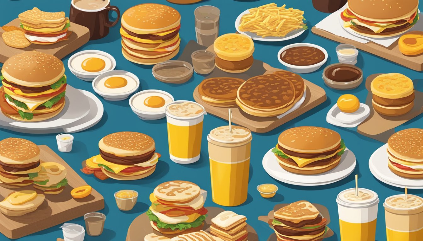 A table set with nine different variations of McGriddles, surrounded by vintage and modern McDonald's breakfast items