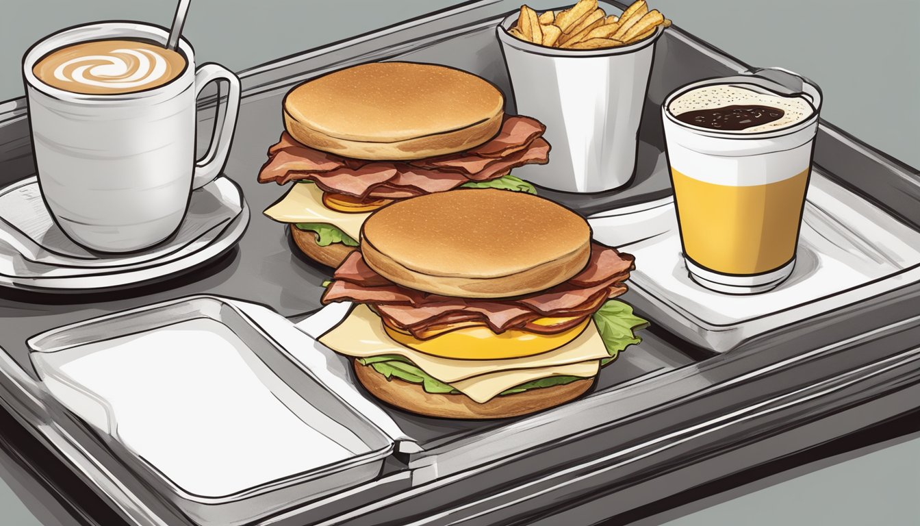 A breakfast sandwich with regular bacon instead of Canadian bacon, alongside a coffee and hash browns, on a tray at a McDonald's restaurant