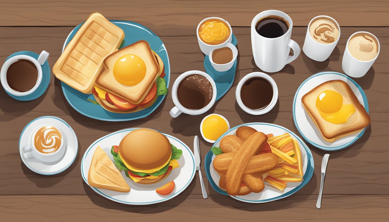 A breakfast spread with McToast, coffee, and various international McDonald's breakfast items displayed on a table