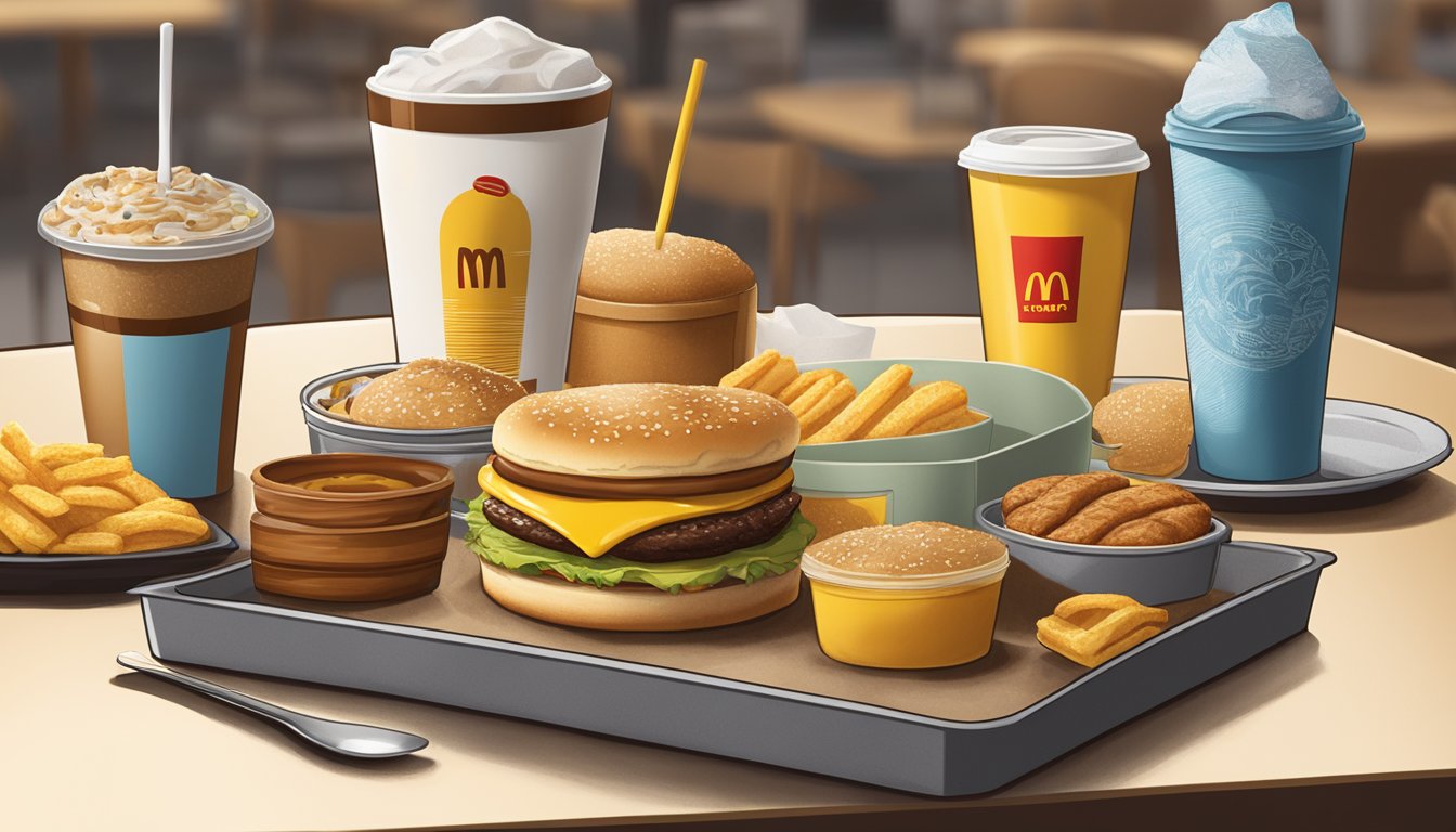 A McMuffin with Vegemite sits on a tray alongside other international breakfast items at a McDonald's restaurant. The iconic golden arches logo is visible in the background