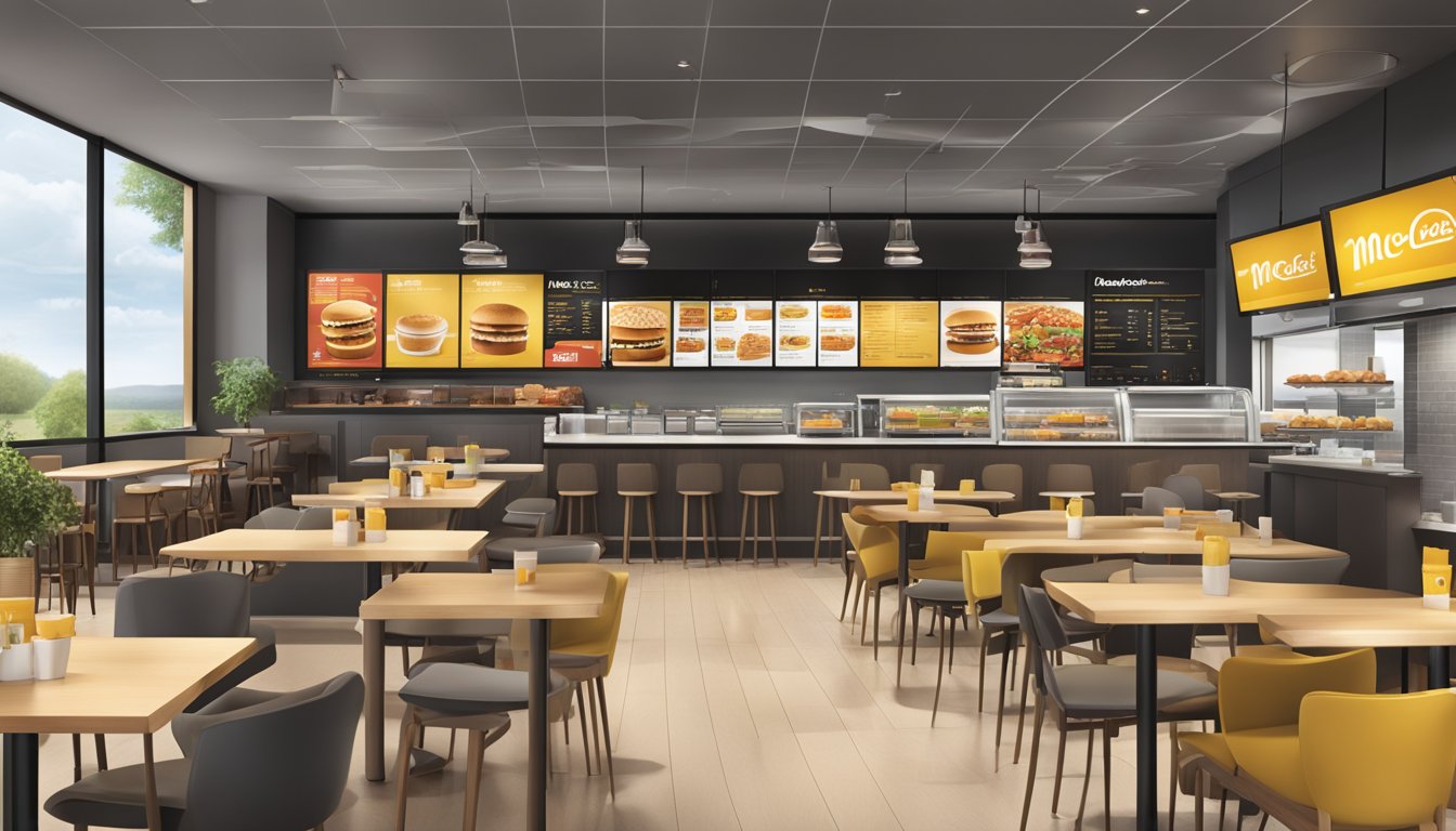 A bustling McDonald's restaurant with a display of McCafé Options and a timeline of breakfast menu changes on the wall