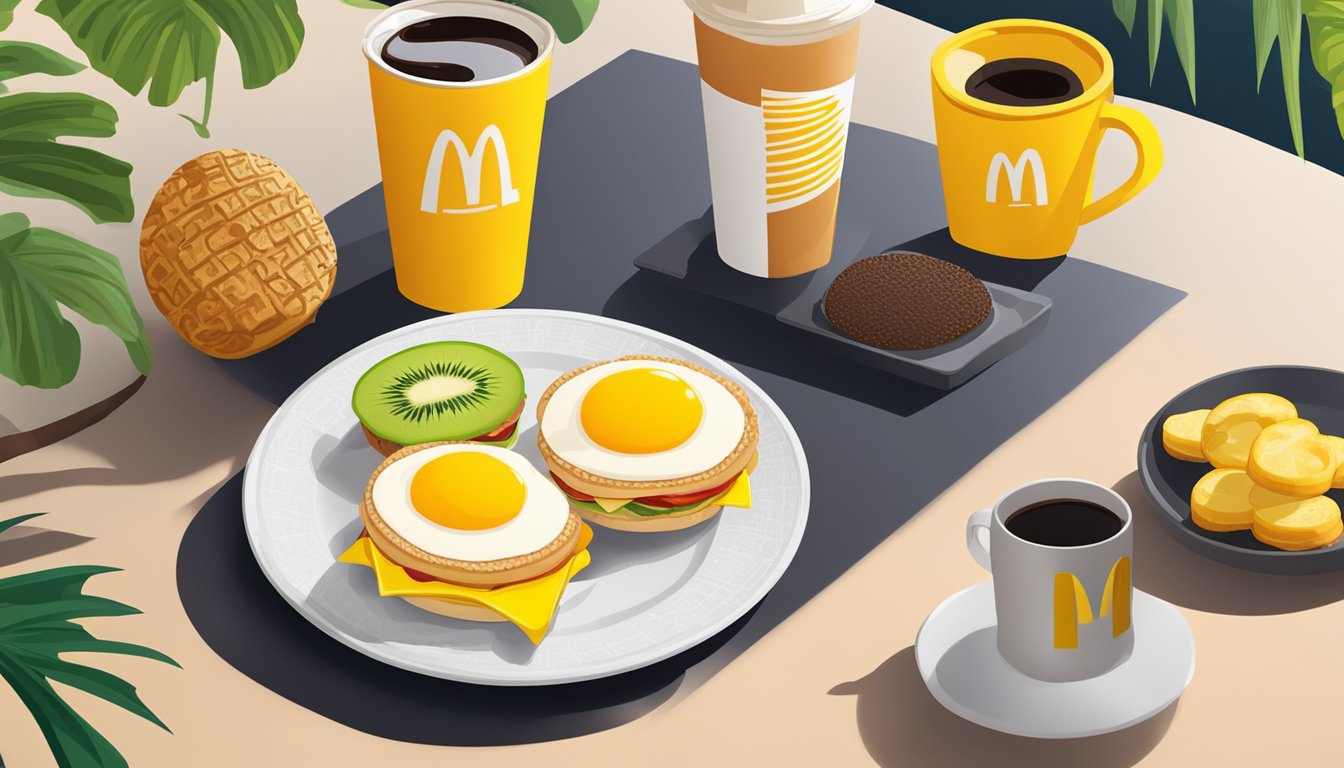 A Spam and Egg McMuffin sits on a plate, surrounded by tropical fruits and a cup of coffee. The McDonald's logo is visible on the packaging