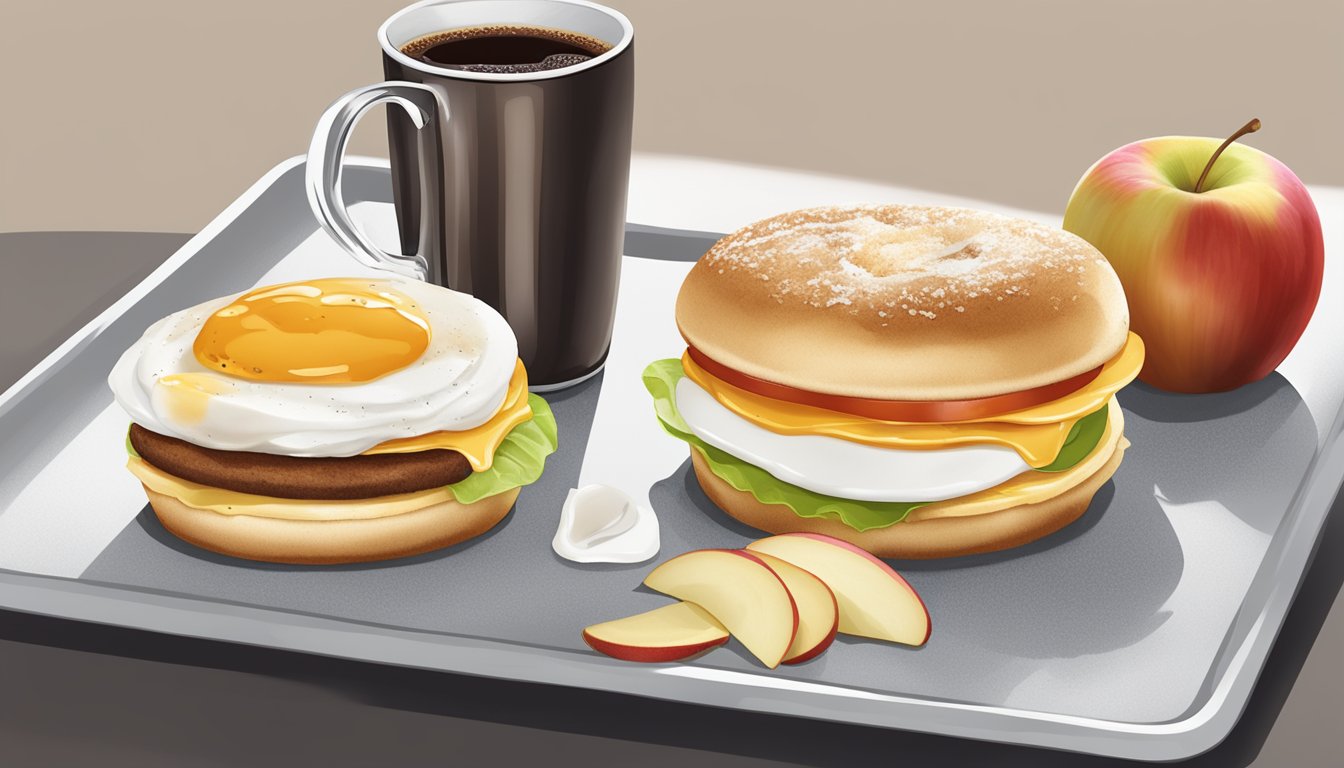 A freshly made Egg White Delight McMuffin surrounded by a cup of coffee and a side of apple slices on a tray