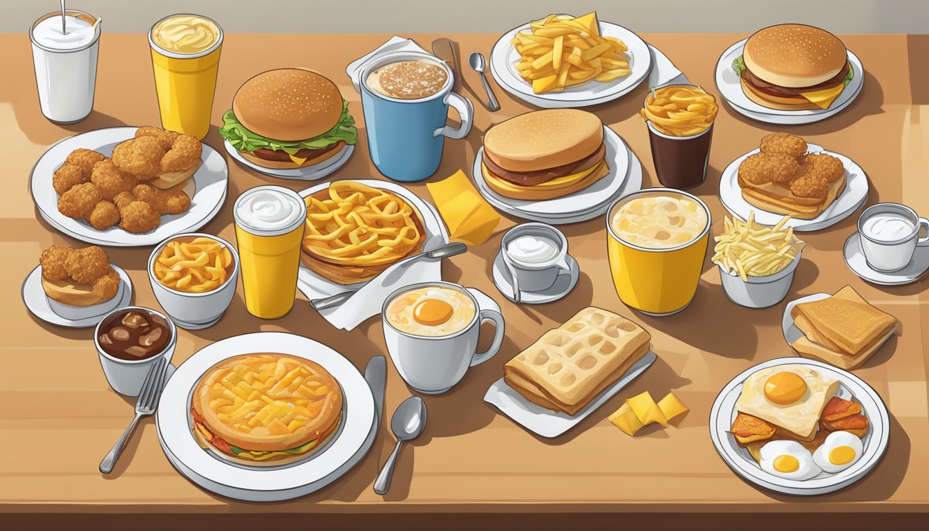 A table with nine different McDonald's breakfast items from various seasons, arranged in a visually appealing way