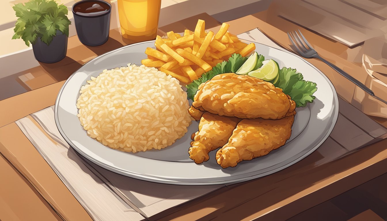 A plate of Chicken McDo with Garlic Rice sits on a table, surrounded by a warm, inviting ambiance