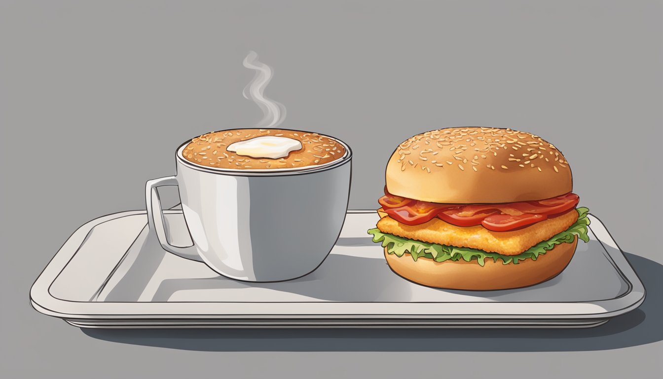 A bacon roll with tomato relish sits on a tray, surrounded by a cup of coffee and a hash brown. The McDonald's logo is visible in the background