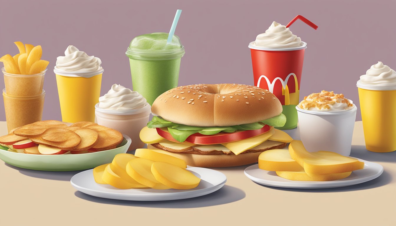 A colorful array of apple slices arranged alongside six McDonald's breakfast items, showcasing a healthy and appetizing alternative