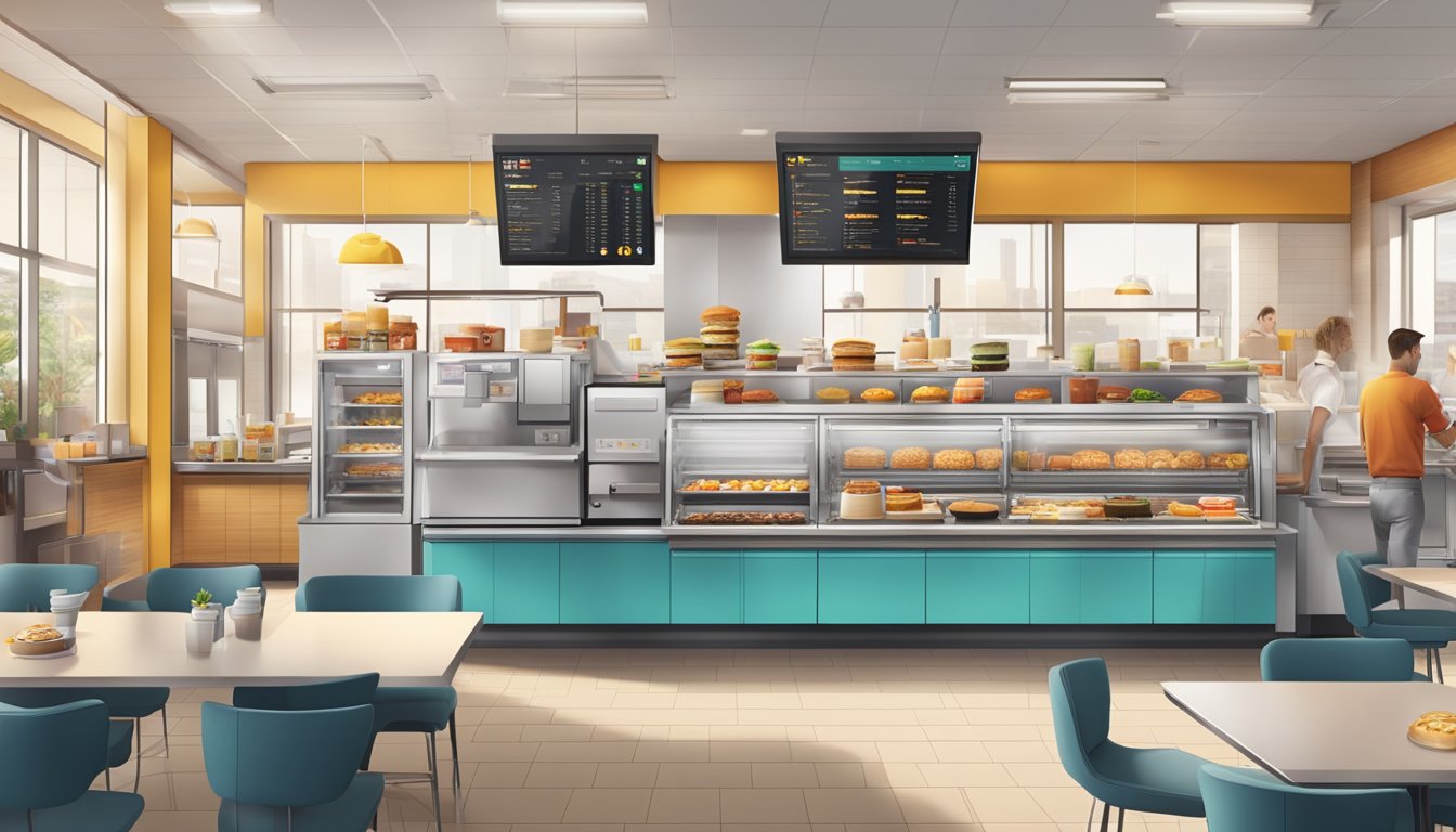 A bustling McDonald's restaurant with modern kitchen equipment and digital ordering screens, showcasing the evolution of breakfast preparation technology over the years