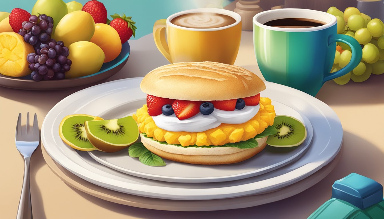 A golden-brown Pão de Queijo Breakfast Sandwich sits on a white plate, surrounded by a colorful array of fresh fruits and a steaming cup of Brazilian coffee