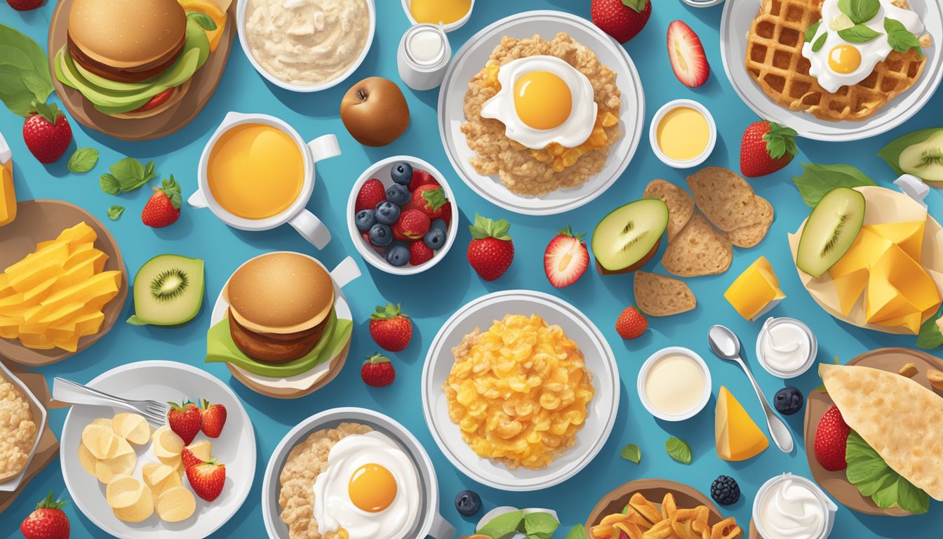 A table set with a variety of McDonald's breakfast items, including oatmeal, fruit, and yogurt, surrounded by vibrant, fresh ingredients