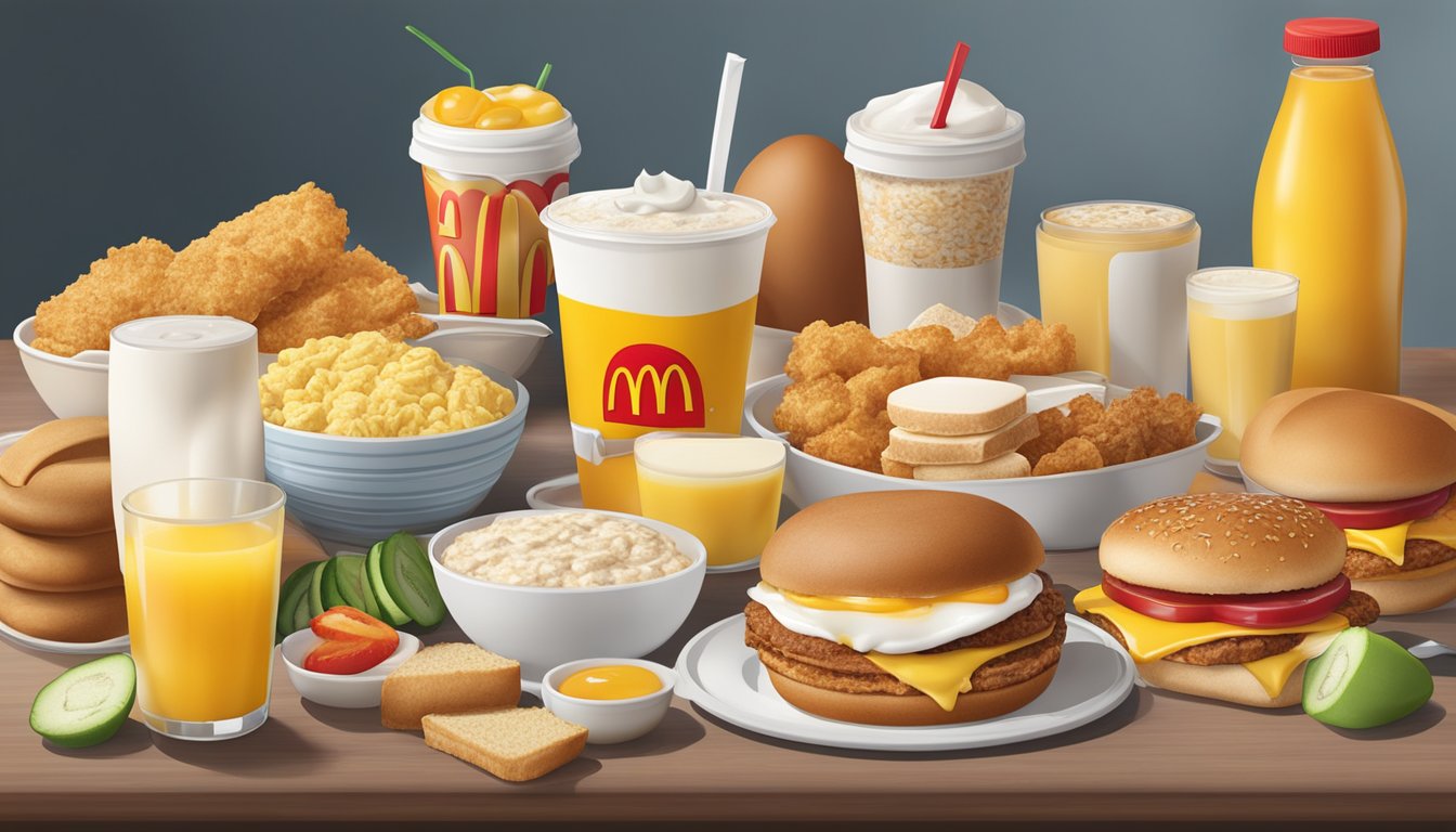 A table with a variety of McDonald's breakfast items, including oatmeal, fruit, and egg white breakfast sandwich, surrounded by fresh ingredients