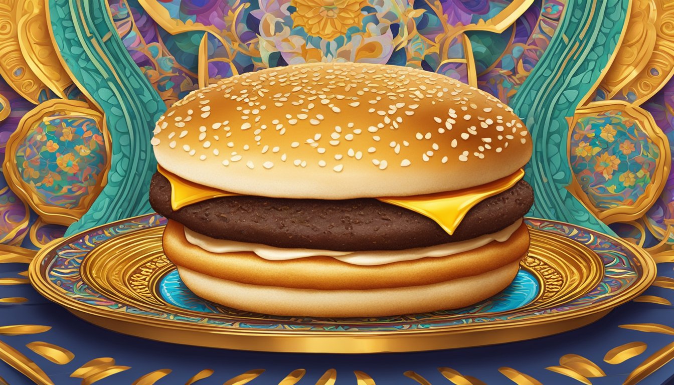 A sizzling Saç Kavurma McMuffin on a golden tray with colorful Turkish patterns in the background