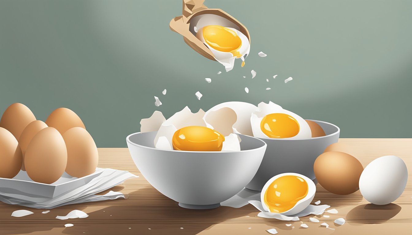 Eggs being cracked open into a bowl, with a carton of fresh eggs nearby