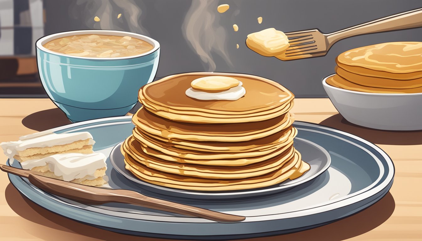 A stack of hotcakes sits on a plate next to a bowl of special mix, with a spatula and a sizzling griddle in the background