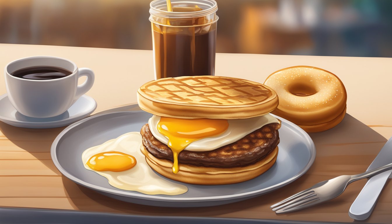 A McGriddle sits on a plate, its syrup-infused bun glistening under the warm breakfast light