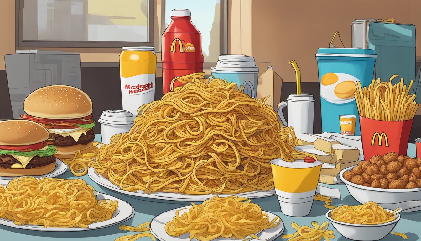 A pile of McSpaghetti surrounded by other failed McDonald's breakfast items on a table