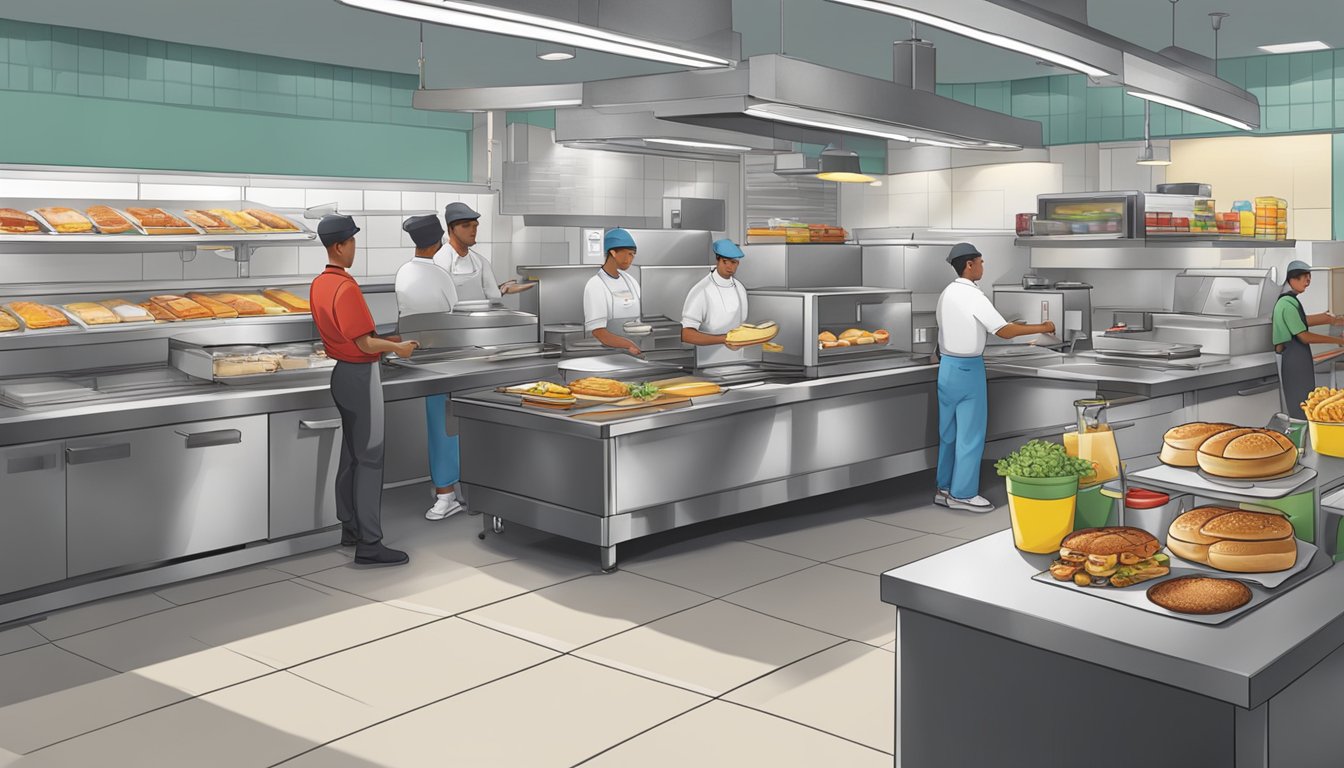 A bustling McDonald's kitchen with employees preparing breakfast items