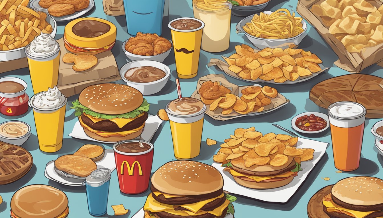 A table filled with McDonald's breakfast items, some with disappointed faces, others in a state of disarray