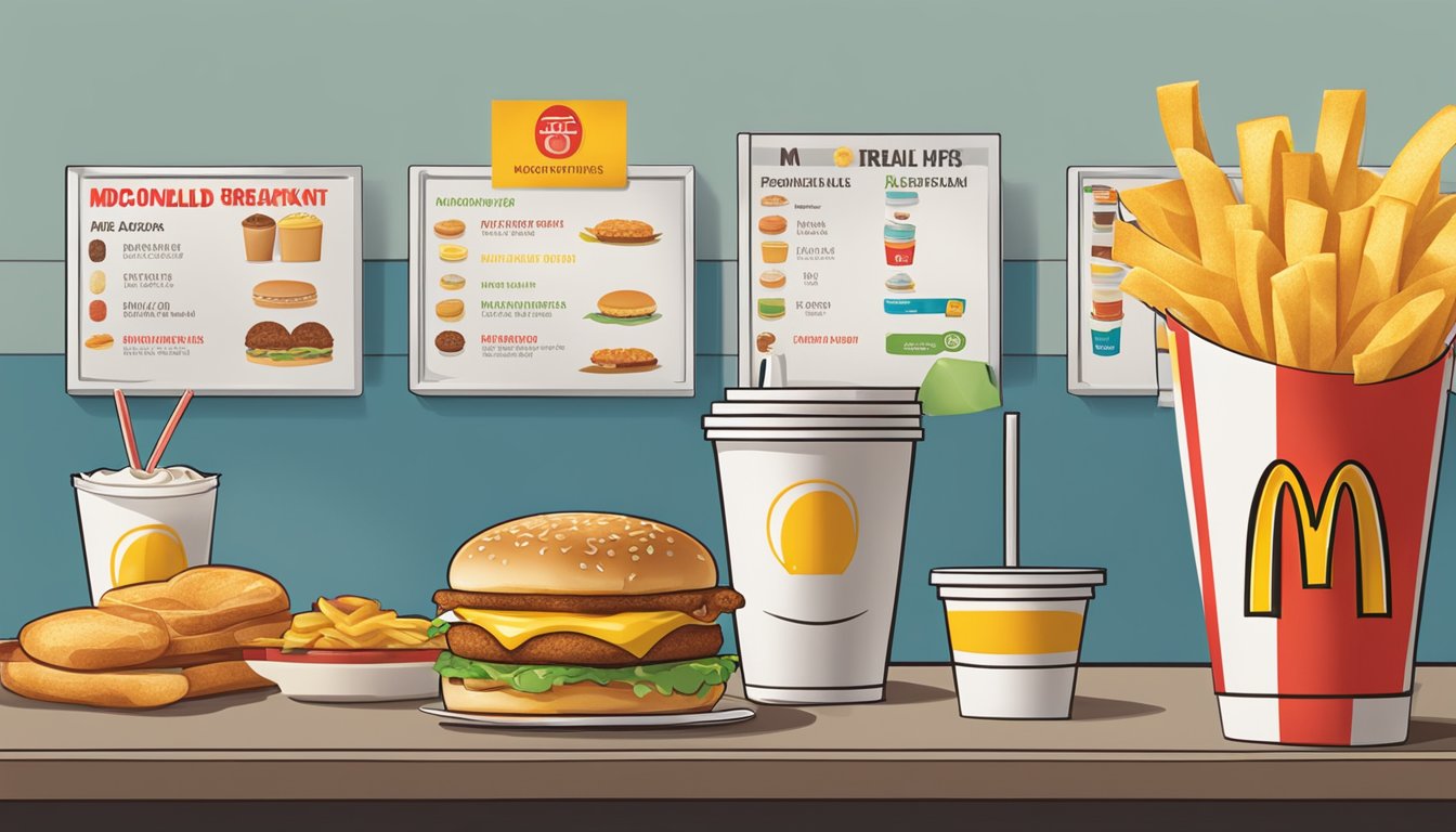 A row of different McDonald's breakfast items displayed on a counter, with a sign indicating the variety of options available at different locations