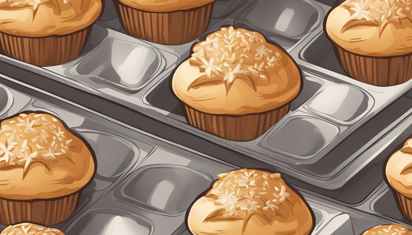 Freshly baked muffins on a tray in a warm, inviting bakery setting