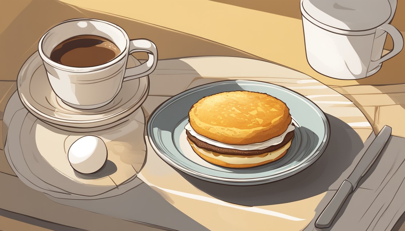 A freshly cooked Egg McMuffin sits on a warm, golden-hued breakfast plate, surrounded by a steaming cup of coffee and a side of hash browns