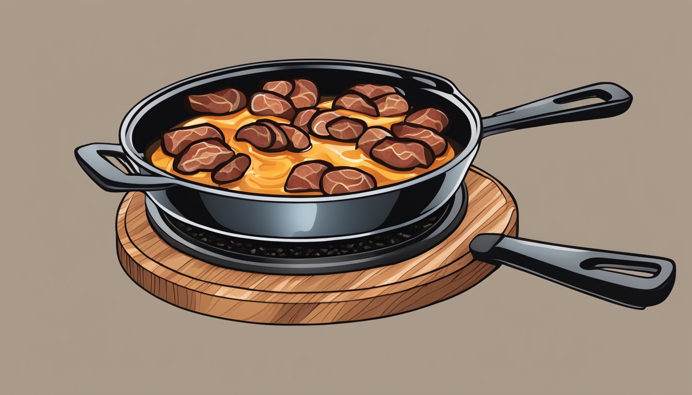 A sizzling skillet with pre-cooked bacon and sausage on a serving tray