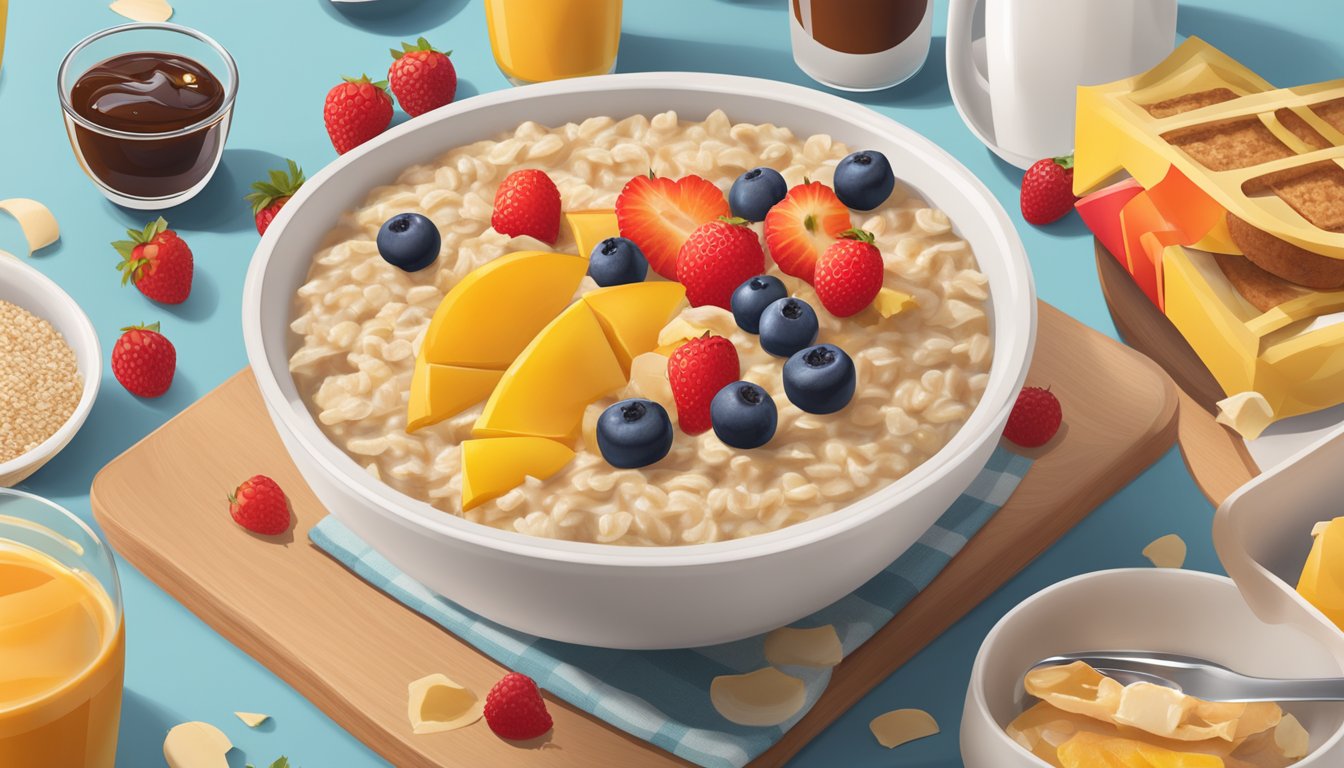 A bowl of oatmeal topped with fruit and maple syrup, surrounded by McDonald's breakfast items