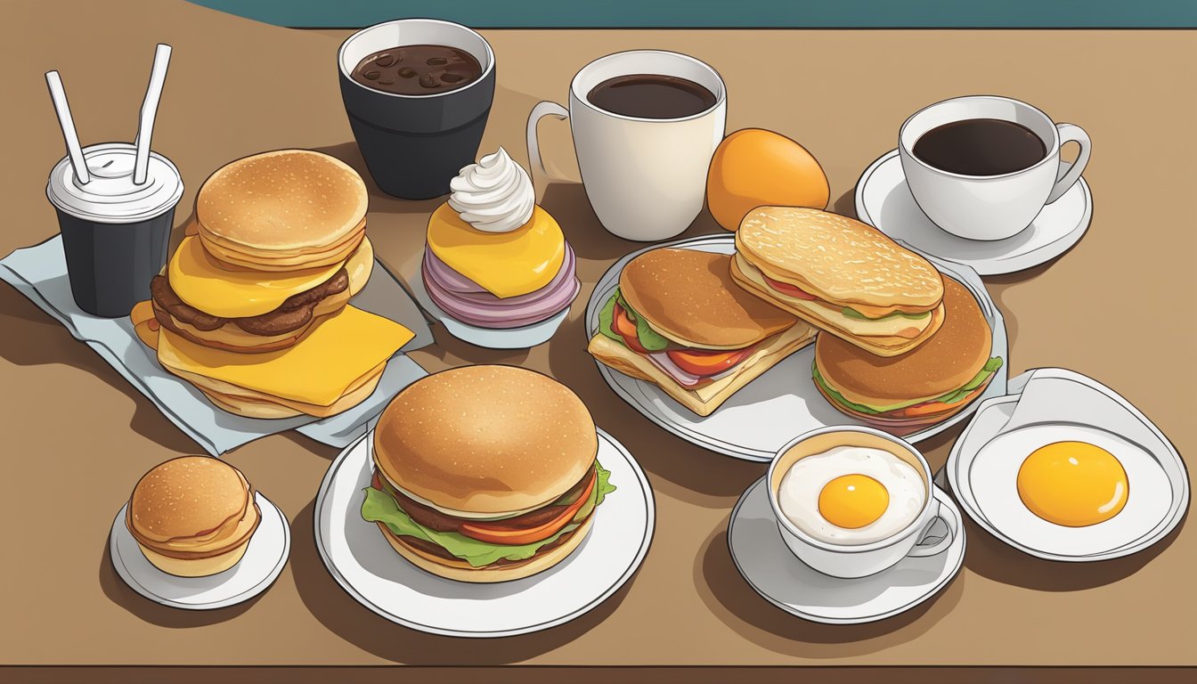 A spread of McDonald's breakfast items displayed on a table, including Egg McMuffin, hotcakes, and coffee, with nutritional information highlighted