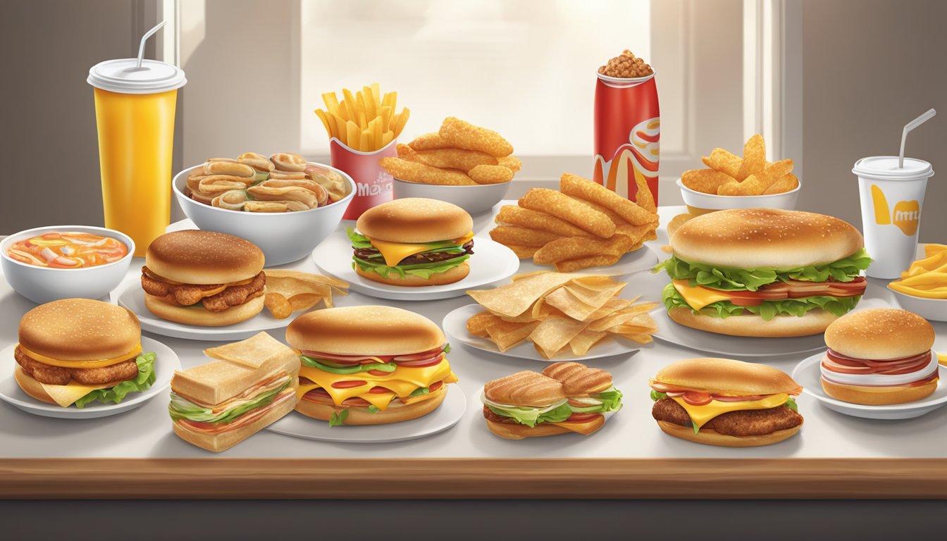 A table with 8 McDonald's breakfast items arranged neatly, showcasing a variety of sandwiches, wraps, and pastries with steam rising from the hot food