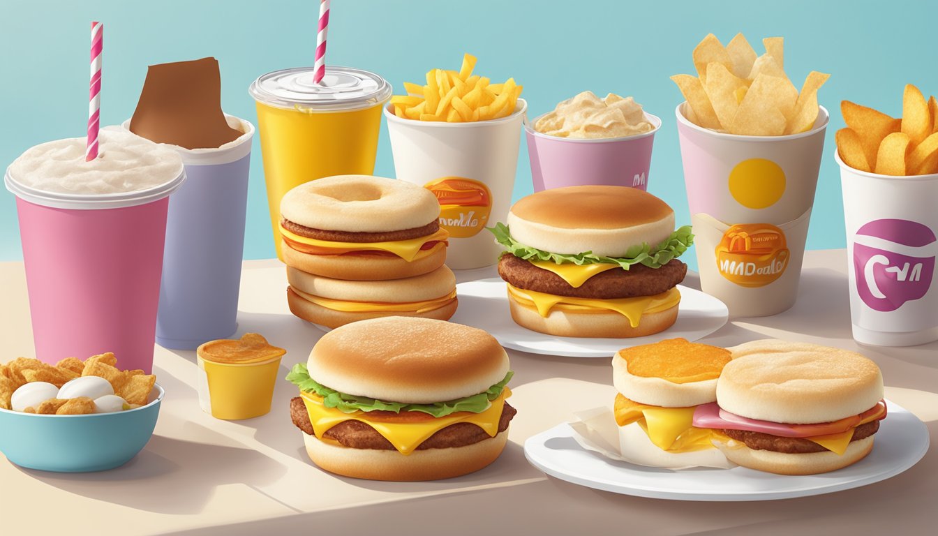 A sunny morning scene with a colorful Egg McMuffin and six other McDonald's breakfast items arranged on a table, each item labeled with its low sugar content