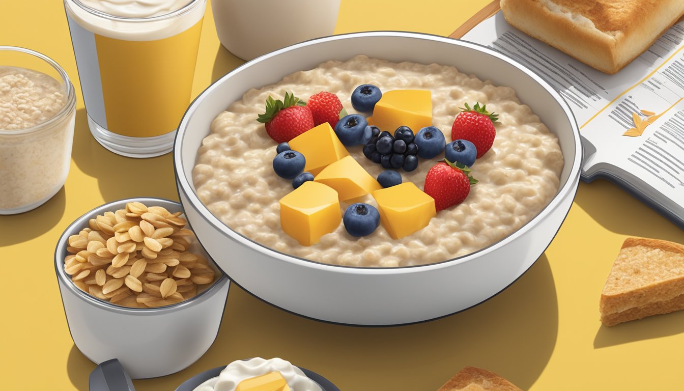 A bowl of fruit and maple oatmeal surrounded by McDonald's breakfast items, with a focus on the low-sugar options