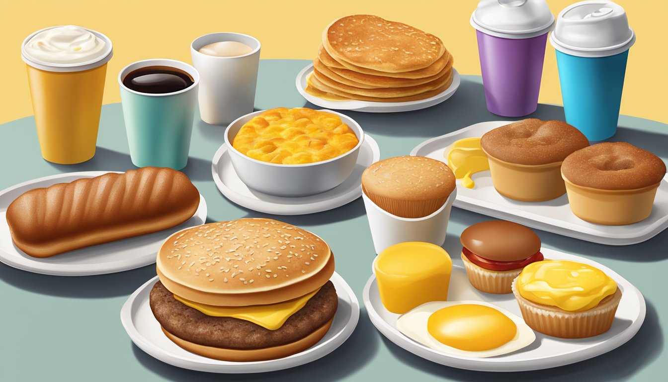 A colorful array of McDonald's breakfast items, including hotcakes, sausage, eggs, and muffins, arranged on a tray