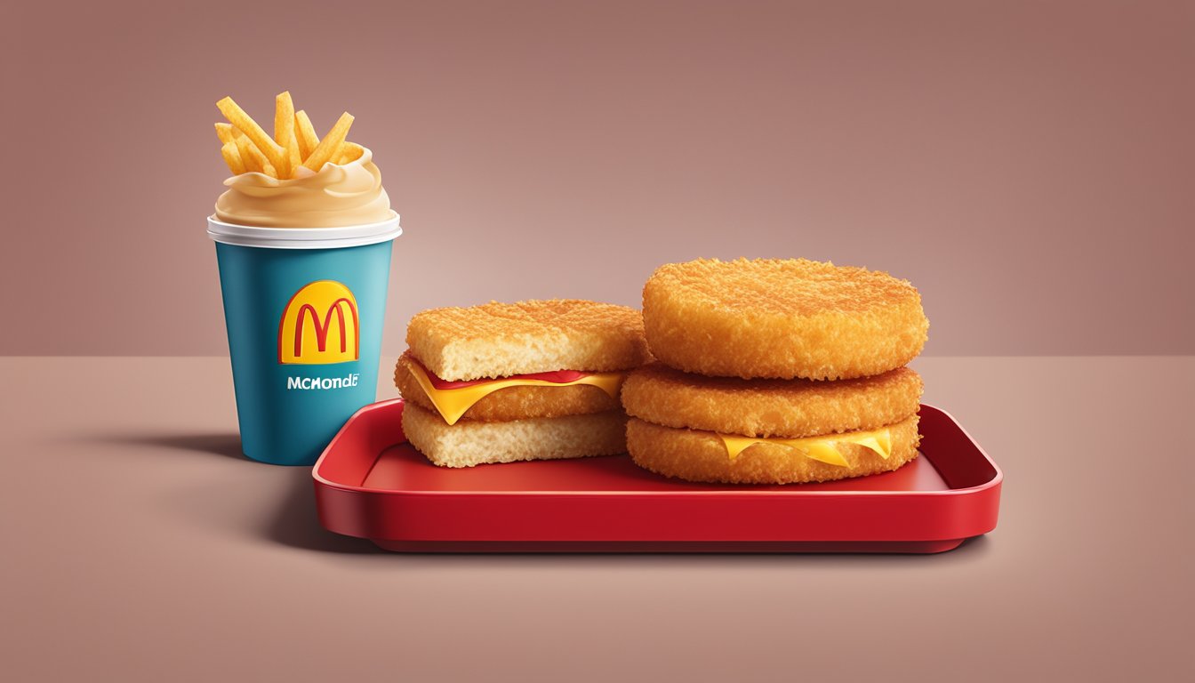 A golden, crispy McDonald's hashbrown sits on a red tray, surrounded by the iconic McDonald's packaging and a cup of steaming coffee