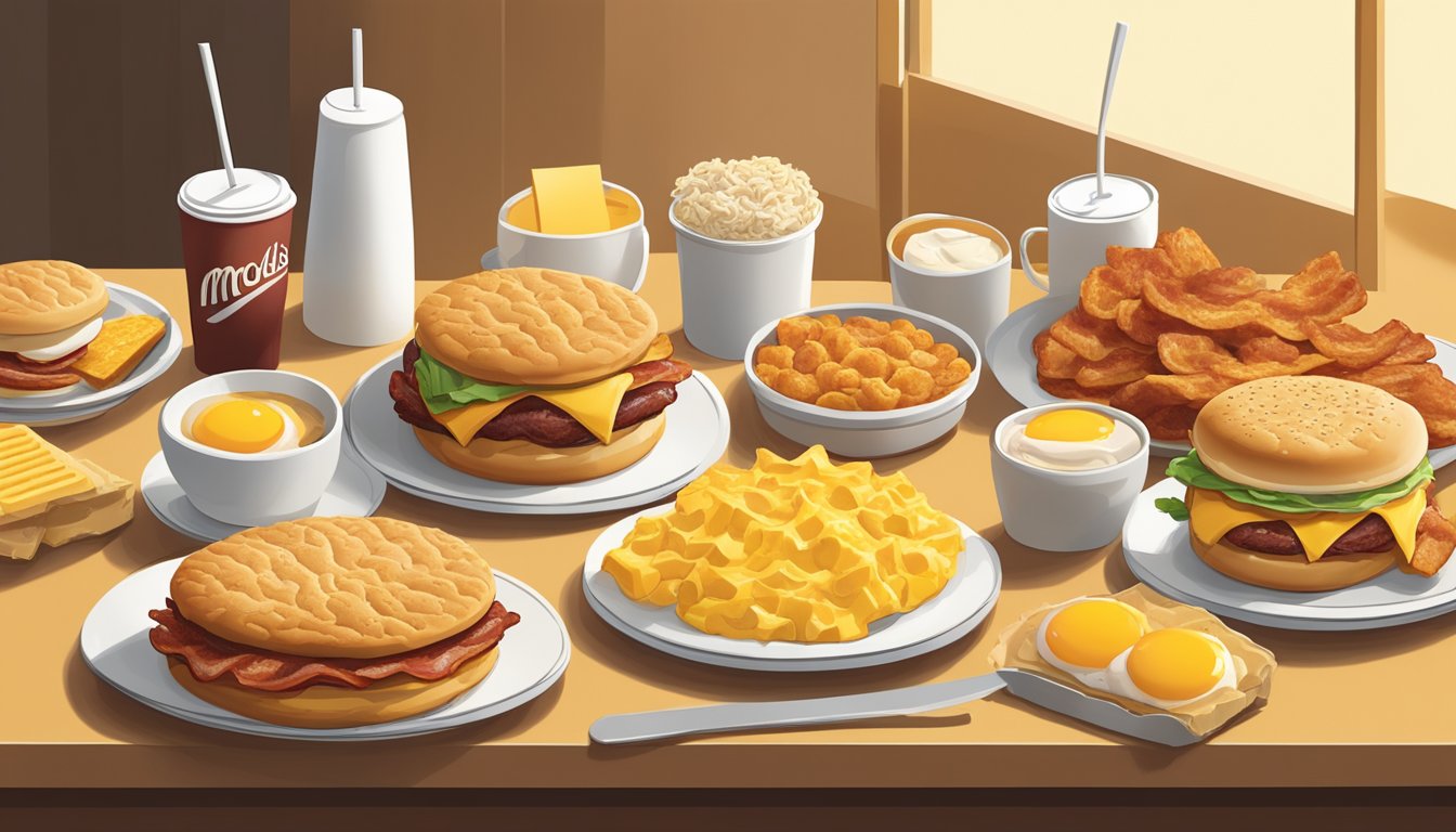 A bacon, egg, and cheese biscuit surrounded by a variety of McDonald's breakfast items arranged on a table