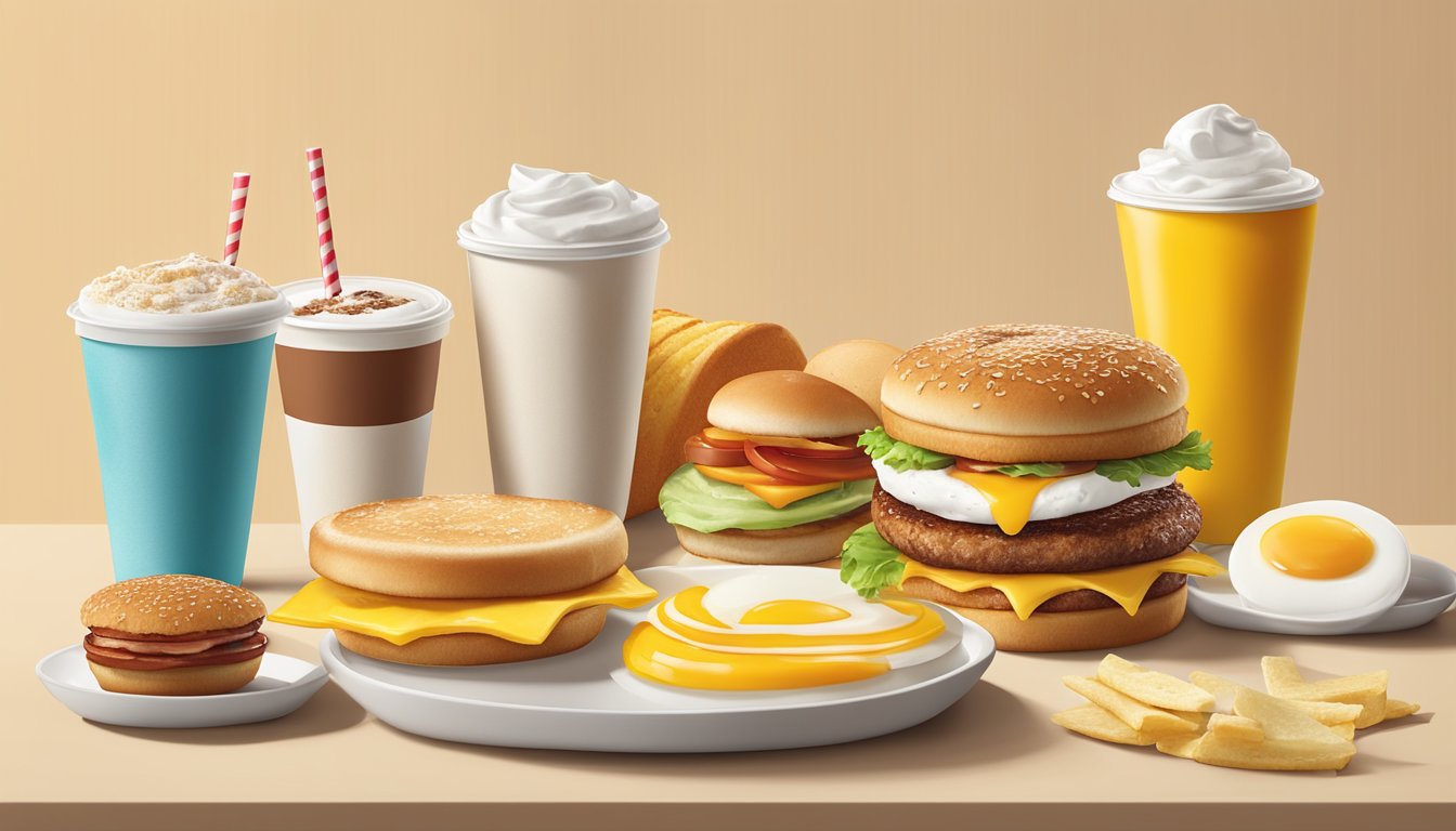 A colorful breakfast spread with an Egg White Delight McMuffin and six other McDonald's breakfast items arranged on a table