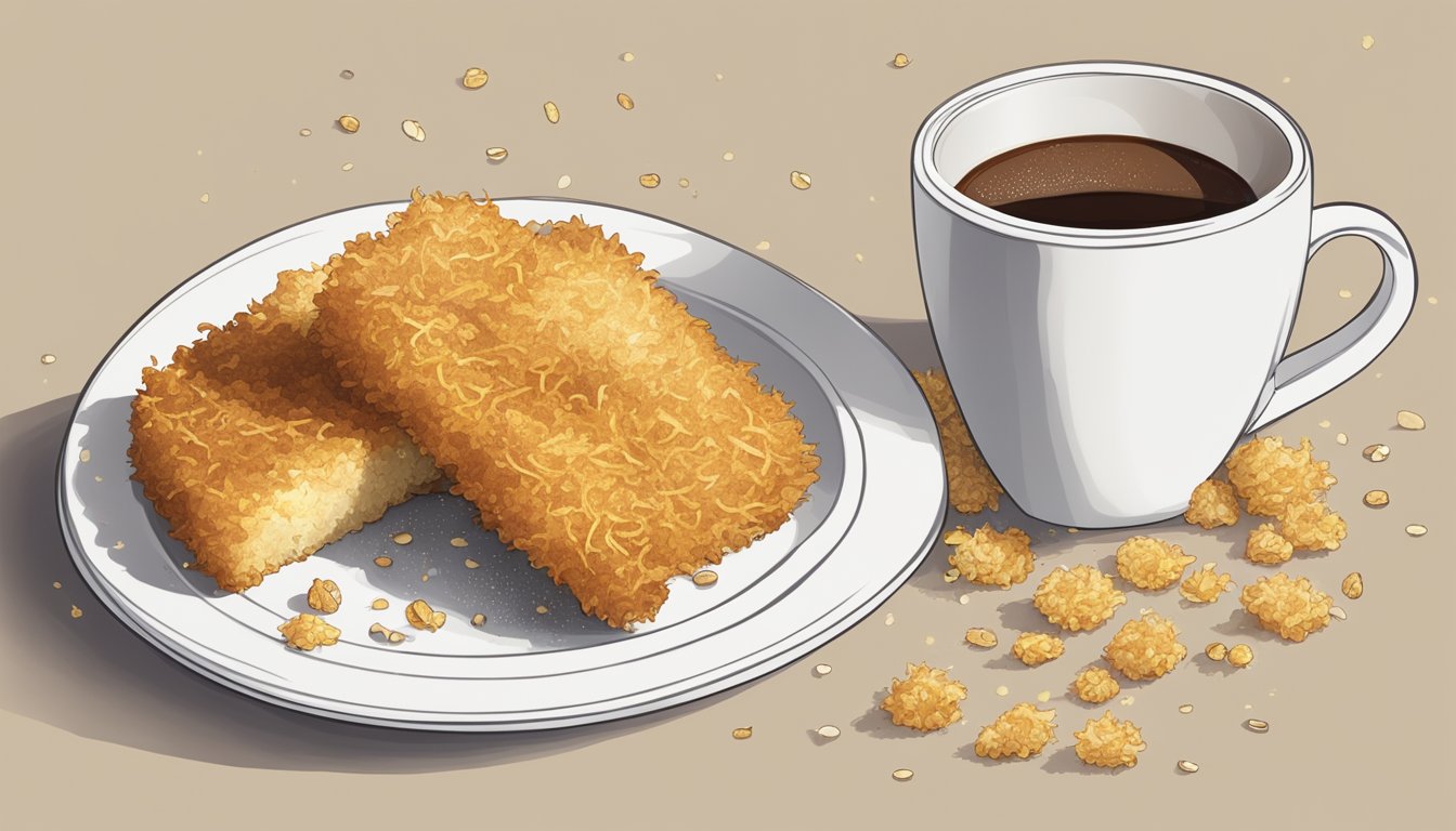 A steaming cup of coffee sits next to a golden, crispy McDonald's hashbrown, surrounded by scattered crumbs on a white ceramic plate