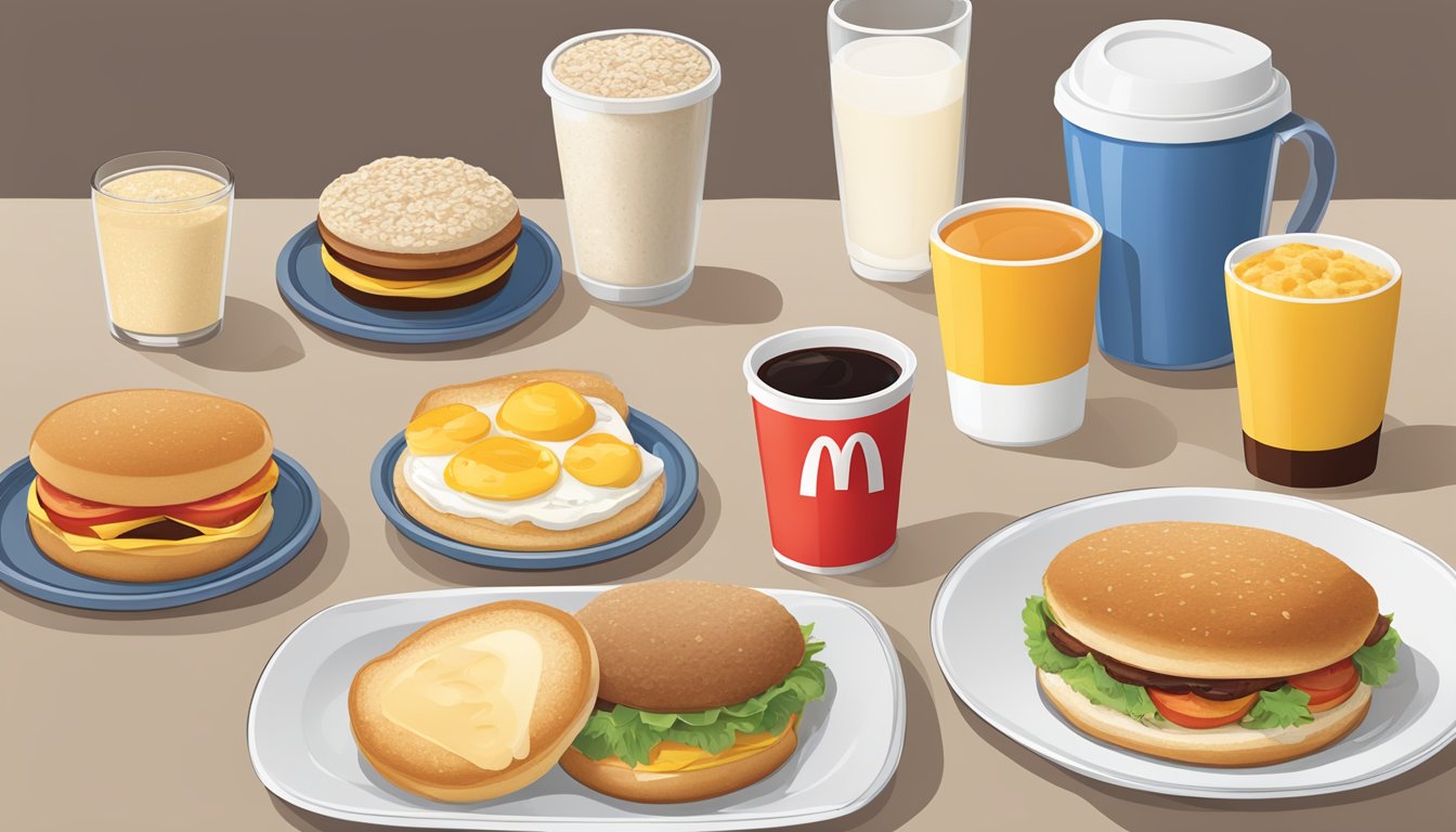 A table with a variety of McDonald's breakfast items, including oatmeal, egg white delight McMuffin, and fruit and maple oatmeal, displayed with minimal sugar content