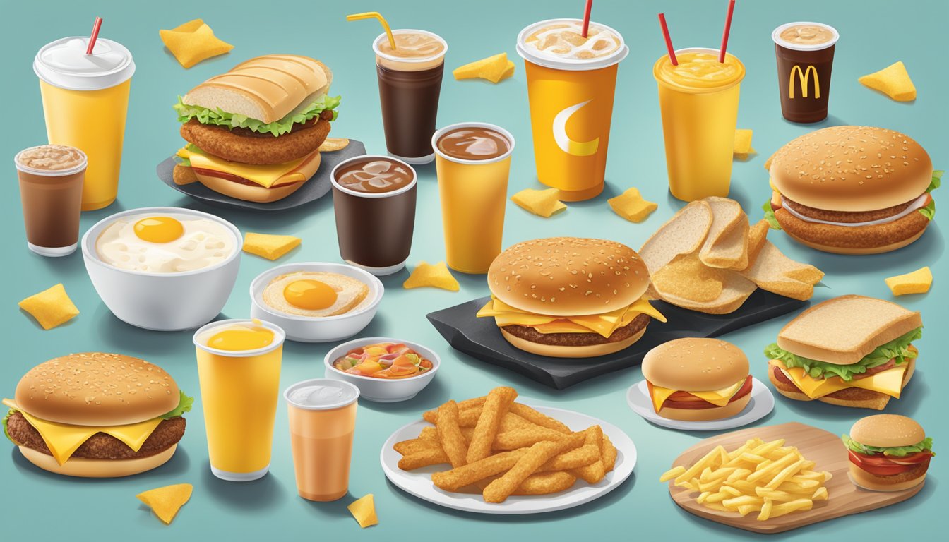 A table with 6 McDonald's breakfast combos arranged neatly, each with a different combination of food items and beverages, ready to be enjoyed by various types of eaters