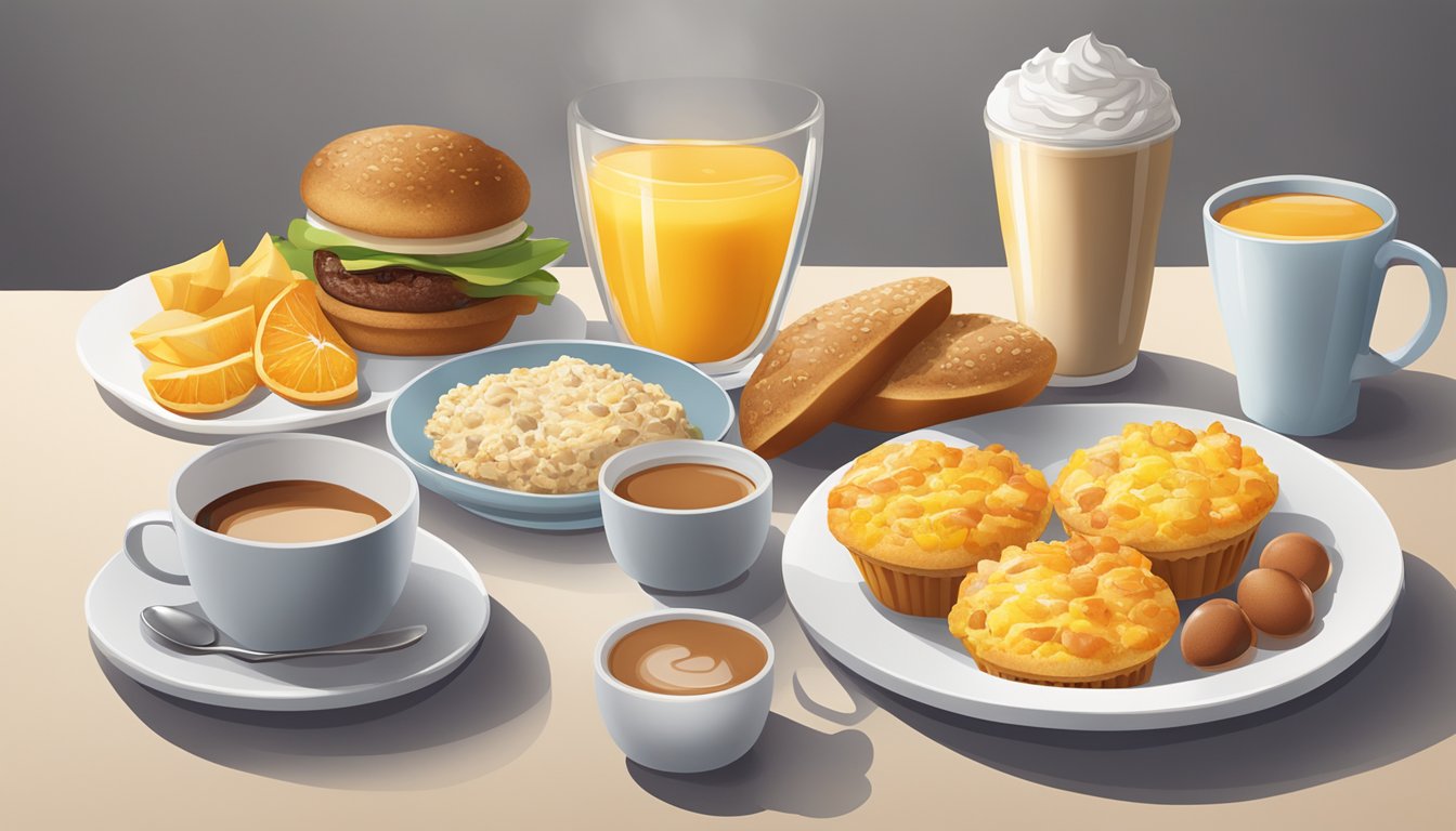 A table set with a variety of McDonald's breakfast items, including egg muffins, oatmeal, and fruit, with a glass of orange juice and a cup of coffee