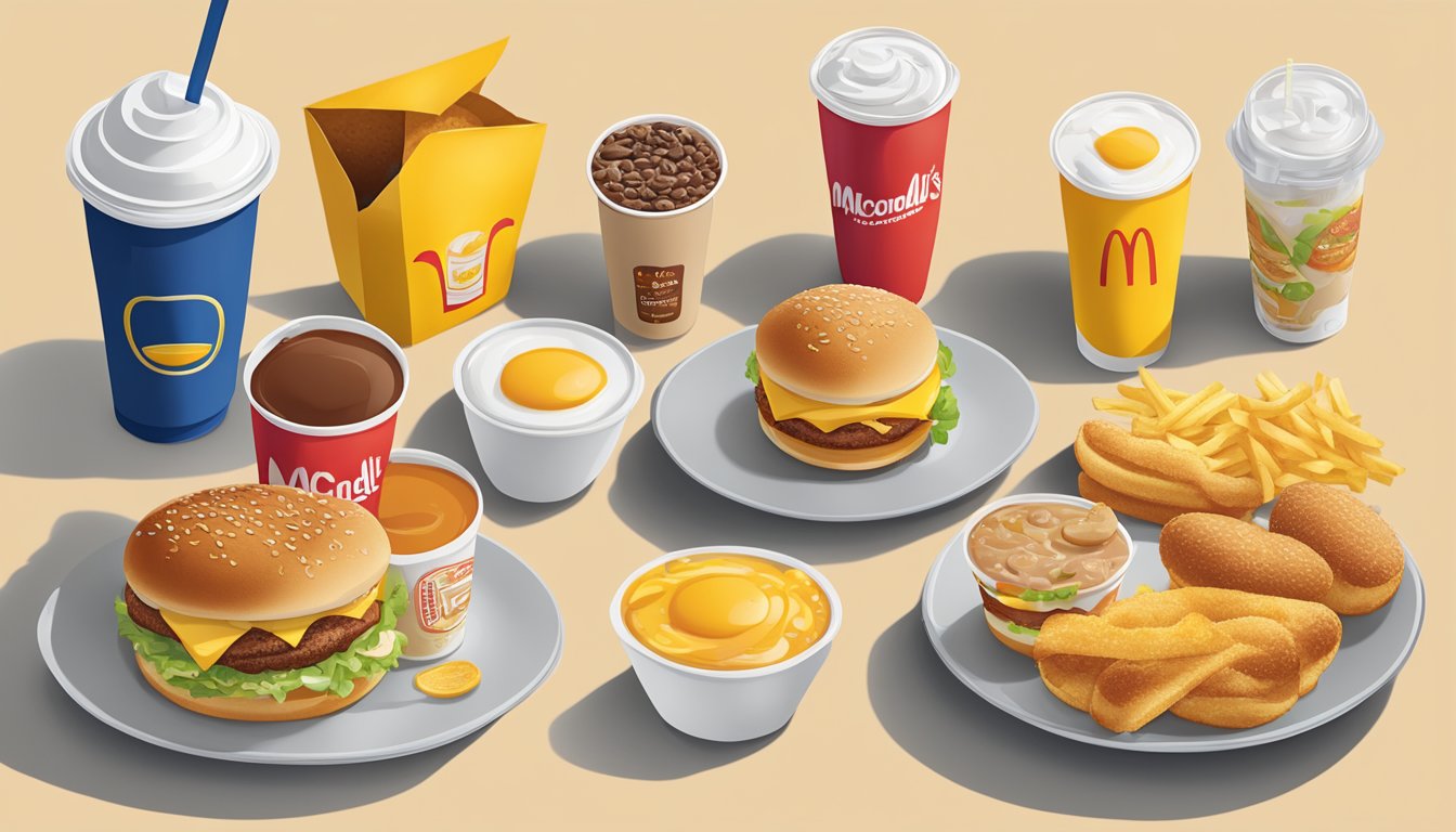 A table with six McDonald's breakfast combos arranged in a line, each with a different combination of food items and drinks