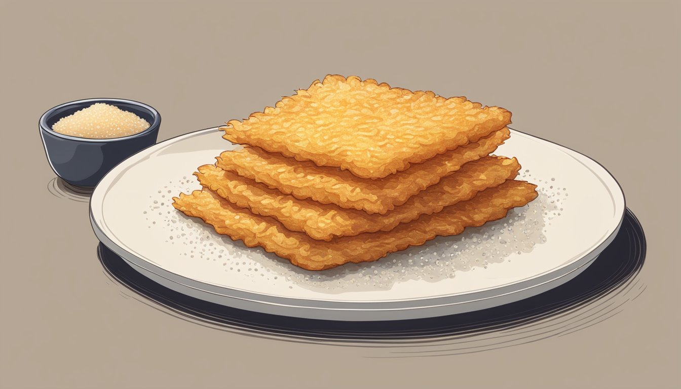 A golden, crispy hashbrown sits on a plate, steam rising from its perfectly seasoned surface. The texture is crunchy on the outside and soft on the inside, with a hint of salt and pepper