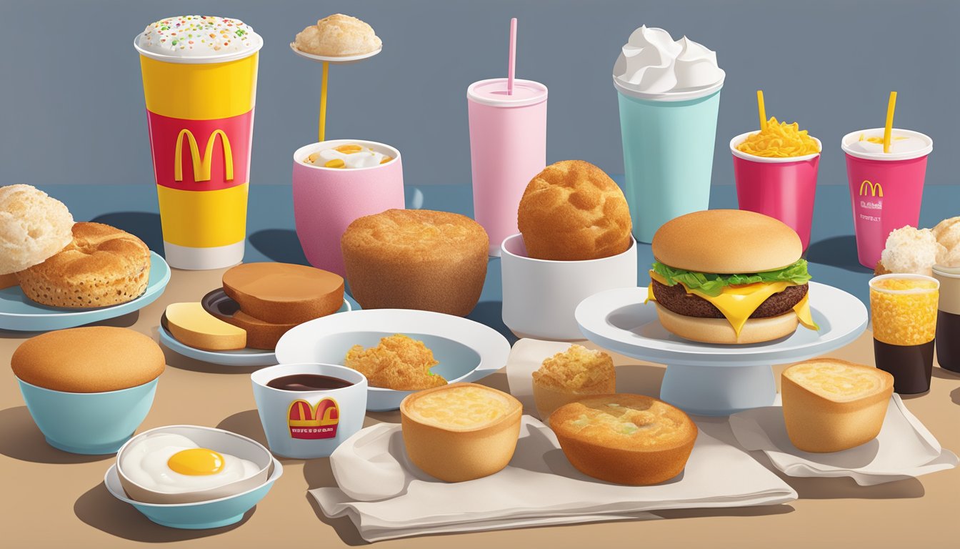 A colorful display of McDonald's breakfast items from Japan, including the Mega Muffin, arranged on a clean, modern table setting