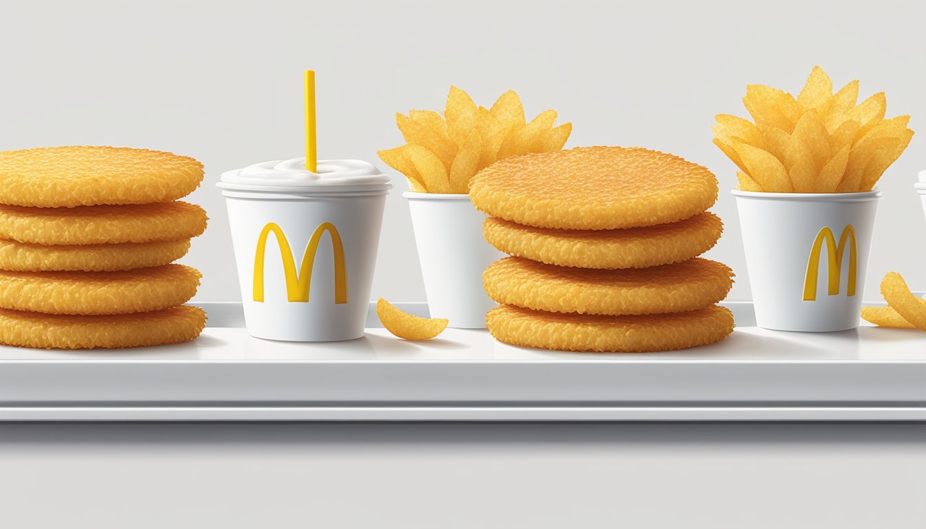 A row of golden, crispy hashbrowns lined up on a clean, white serving tray, with the iconic McDonald's logo in the background