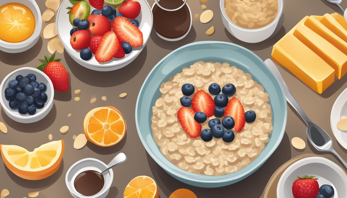 A bowl of oatmeal with fresh fruit and a side of maple syrup, surrounded by other breakfast items