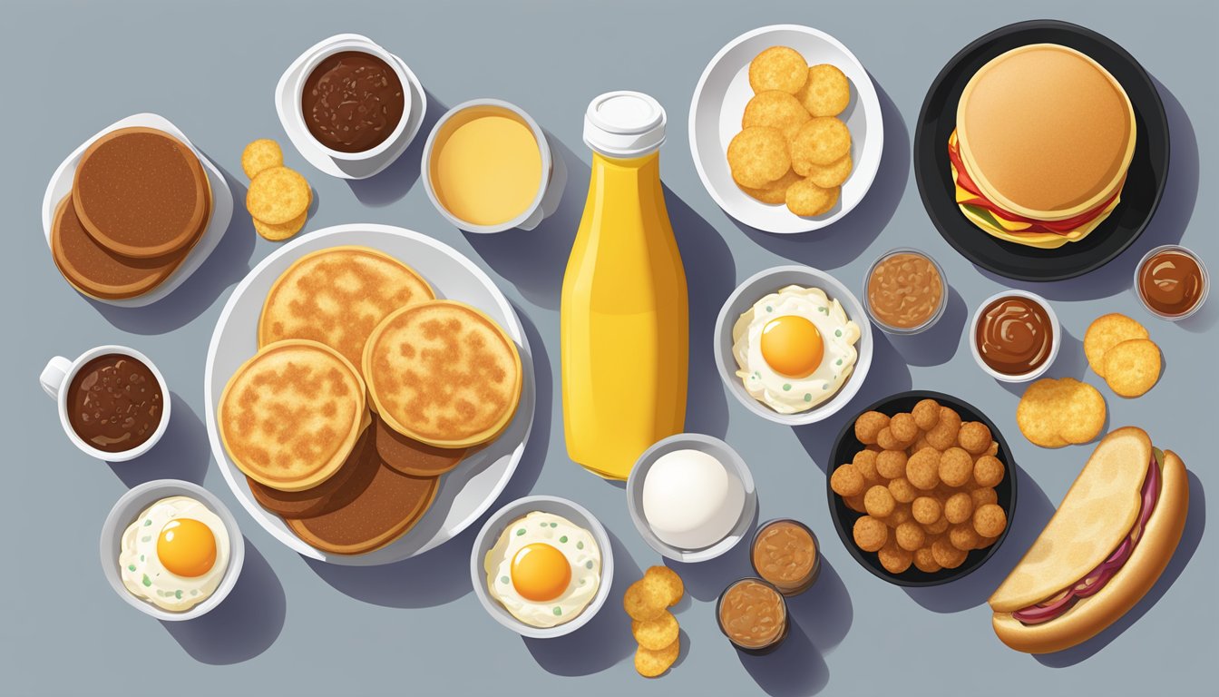 A colorful array of McDonald's breakfast items, including hotcakes, sausage, eggs, and hash browns, arranged in descending order of nutritional value