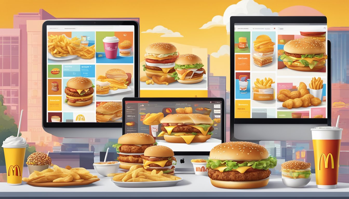 A colorful digital screen displays 9 different McDonald's breakfast deals, surrounded by the iconic golden arches and breakfast menu items