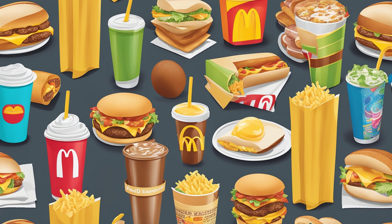 A colorful display of 15 McDonald's breakfast menu items, including a sausage burrito, arranged in a visually appealing manner